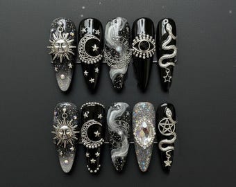 Handmade Gothic Celestial Press On Nails, Moon Sun Snake & Silver Charm Nail Art, Long Oval Nails