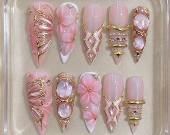 Pink 3D Bow Press On Nails, Gold Embellished Nails, Pearl Pink Nails, Coquette Nails, Romantic Wedding False Nails, Luxury Nail Art