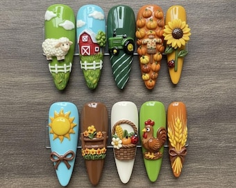 Handmade Farm Press On Nails | Tractor, Pumpkin & Sunflower 3D Design