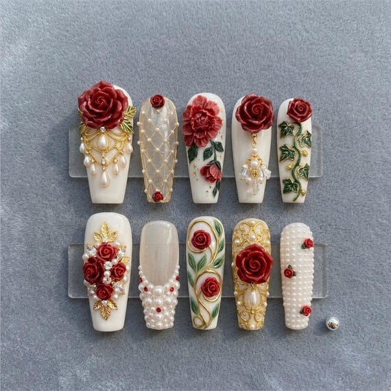 Red Rose Press On Nails Luxury Pearl Gold 3D Floral Bridal Elegant Vintage Nail Art Set Handmade Glue On Nails