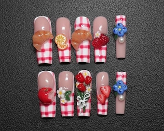 Handmade Picnic Fruit Press On Nails | Red Gingham Strawberry Cute Set