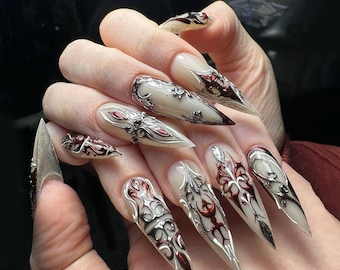 Black & Red Press On Nails, Gothic Nail Art, Floral And Gothic Design