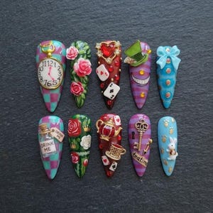 Al.ic.e in Won.de.rland Press On Nails, Tea Party Fantasy Nails, 3D Kawaii Handmade Fake Nail Set