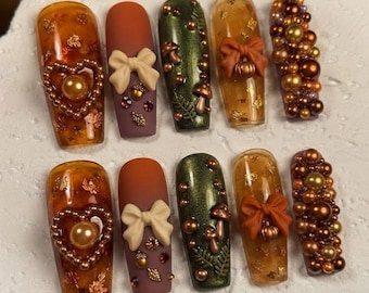 Autumn Press On Nails, Cottagecore Fall Nails, Mushroom Pumpkin Nails, Forest Fairy Nails, Rustic Bow Nails, Cozy Fall Press On Nail Set