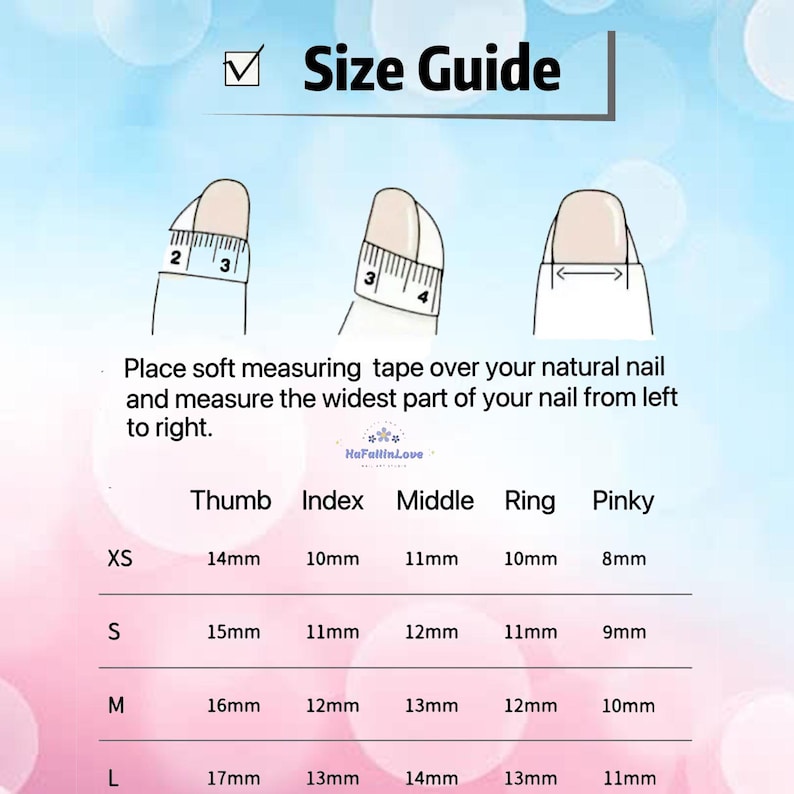 May include: A size guide for nail measurements, featuring a diagram of how to measure nails with a soft measuring tape. The guide includes measurements in millimeters for thumb, index, middle, ring, and pinky fingers, with sizes XS, S, M, and L.