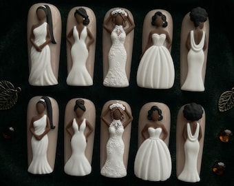 Black Bride Wedding Press On Nails, African American Bridal Nails, 3D Wedding Dress Nails, Elegant Bridal Press On Nails