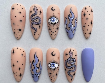 Handmade Mystic Snake Press On Nails | Evil Eye, Crescent Moon & Purple Flame Art | Nails for Witchy Style