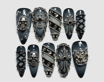 Skull & Cross Press On Nails, Gothic Chic Nail Art, Black And Silver Design