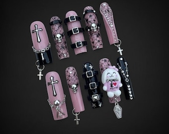 Gothic Punk Press On Nails with Skulls Crosses Chains Black Pink Design