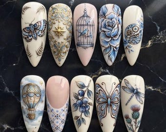 Vintage Blue Floral Press On Nails, Victorian Botanical Nail Art, Butterfly Bird Nails, Cottagecore Handmade Acrylic Nails