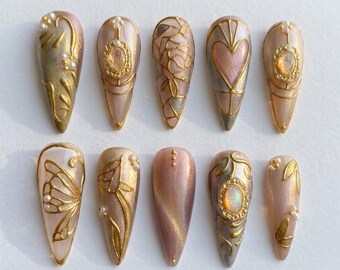Luxe gouden parel pers op nagels, handgemaakte naaktroze cat eye french tip nagels, elegante bruids bruiloft herbruikbare nepnagels cadeau