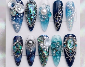 Oceaanparel pers op nagels Zeemeermin schelpnagels Blue Aura-nagels Luxe 3D-handgemaakt op maat