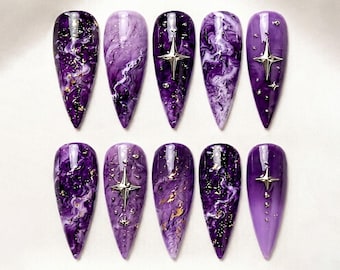 Aangepaste kleur Galaxy Press On Nails, hemelmarmeren wervelnagels, handgemaakte acrylnagelset, sternagels