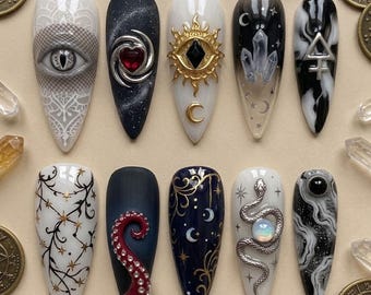 Dark Fantasy pers op nagels, Mystic Eye gotische nagels, hemelslang nagelset, maankristalnagels, handgemaakte acrylpers