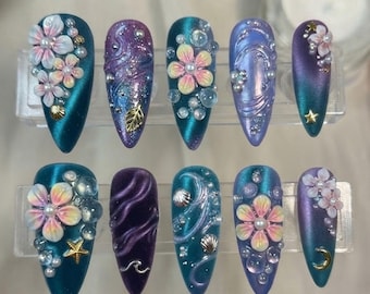 Zeemeermin-plaknagels, Oceaan-aura-nagels, Cat Eye-nagels, 3D-bloemnagels, Schelp-parelnagels, Fantasie blauw-paarse nagelset
