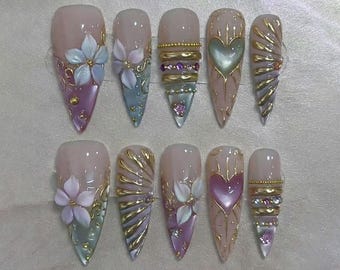 Pink Lavender Press On Nails, Gold Floral Nails, 3D Flower Nails, Elegant Romantic False Nails, Almond Nail Art, Luxury Handmade Set