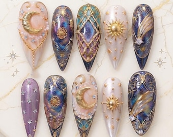 Celestial Moon Press On Nails | Galaxy Gold Star Nail Set | Luxury Fantasy Handmade Nails