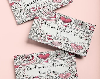 May include: Three cards with a pink and white floral pattern and pink hearts. The cards have text that reads "Breakfast in Bed", "A Game Night with Playful Wagers", and "One Homemade Dessert of Your Choice".