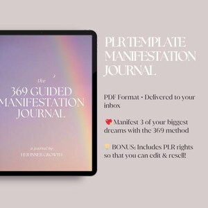 May include: A digital tablet shows a journal cover with a soft purple and rainbow gradient. The text reads "the 369 Guided Manifestation Journal" and "PLR Template Manifestation Journal". Additional text describes the journal's features.