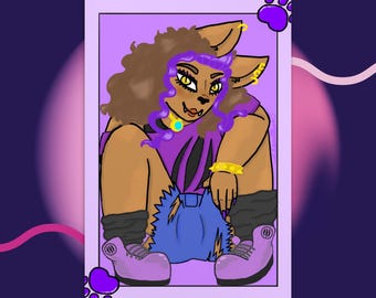 Puede incluir: Una ilustración de dibujos animados de un personaje peludo con pelaje marrón, cabello morado y ojos amarillos. El personaje lleva una camisa morada, pantalones vaqueros azules y botas moradas. El personaje está sentado con una pierna doblada y la otra pierna extendida. El fondo es de color morado claro.