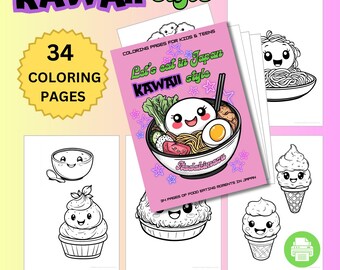 Kawaii Coloring pages, Japanese Food illiustrations, 34 Printable Sheets,  Digital Download, Workshop for Kids & Teens