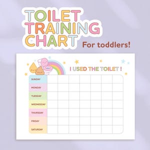 Op de afbeelding: Een kleurrijke zindelijkheidstrainingkaart voor peuters. De kaart toont de tekst "TOILET TRAINING CHART" in een speels lettertype. De kaart bevat een regenboog, sterren en schattige illustraties. De tekst "I USED THE TOILET!" is ook zichtbaar.