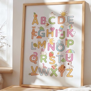 Póster del alfabeto para niños, arte mural del alfabeto para el aula, decoración de la habitación de la educación en casa con letras, imprimible Montessori para niños, linda impresión para guardería