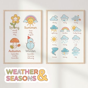 Juego de 2 cuadros meteorológicos Montessori para el aula, tabla meteorológica para niños pequeños, póster de las estaciones del jardín de infancia, decoración de pared para guardería en colores pastel