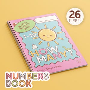 May include: A spiral-bound "Numbers Book" for children. The cover is pink with a blue background featuring a smiling sun, a chick, and the words "How Many?" and "My First Numbers Book". The book has 26 pages.