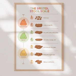 Könnte beinhalten: Ein gerahmter Druck der Bristol-Stuhlformen-Skala, eine Tabelle, die verschiedene Stuhltypen veranschaulicht. Die Tabelle enthält Illustrationen jedes Typs, von harten Klumpen bis zu wässrig, mit entsprechenden Beschreibungen.
