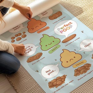 May include: A light blue poster with illustrations of different types of poop, labeled with terms like "constipation," "healthy," and "diarrhea." The text includes "Perfect Poop" in a speech bubble. The poster is being unrolled.