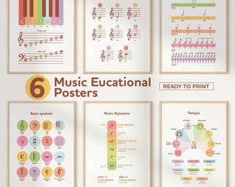 May include: A set of six educational music posters in wooden frames. The posters feature colorful illustrations of basic notes, rhythm counting, music symbols, dynamics, and tempos with text labels including "Basic Notes" and "Music Educational Posters".