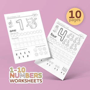 以下が含まれることがあります： 1から10までの数字を学ぶための白黒の印刷可能なワークシート。各ページには、数字、絵、なぞり書き、塗り絵、数え上げなどのアクティビティが掲載されています。