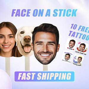 Visage sur un bâton, Têtes personnalisées sur un bâton, Découpes de grosses têtes, Visage découpé personnalisé, Visage d'animal sur un bâton, EVJF personnalisé, Grosse tête, Éventail visage