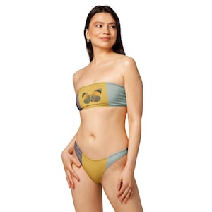 Recycled Bandeau Butterfly Bikini, Eco-Friendly Colorblock Strapless Swimsuit, Minimalist Earth Tones Sustainable Two Piece, Boho Beachwear