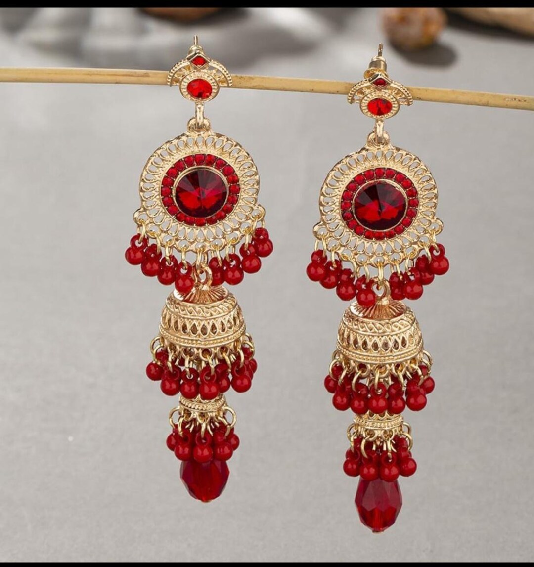 Jhumka Rhinestone Indian Desi Red Jhumka Rhinestone Earrings Wedding||traditional Jewelry ...