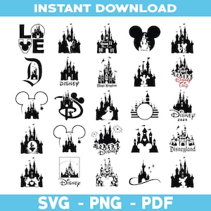 Paquete de svg de castillo, svg de princesa, clipart de castillo, Mickey mouse con cabeza de corazón, svg de reino mágico, archivos de corte para silueta de cricut