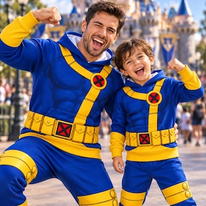 May include: Matching blue and yellow hooded sweatshirts and pants featuring a printed muscle chest design, a yellow harness strap with a circular red and black X-logo emblem, and a yellow utility belt with a red and black X-logo buckle.