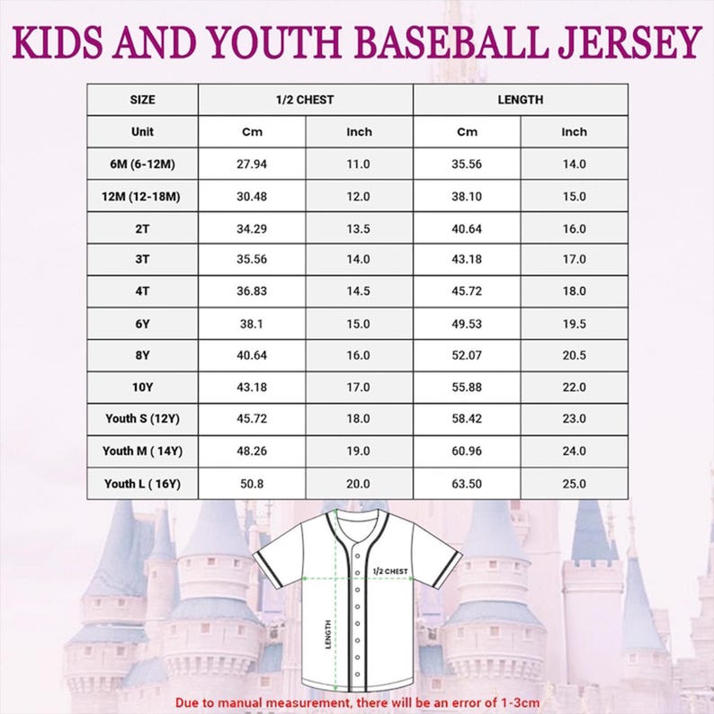 Puede incluir: Tabla de tallas para camisetas de b&eacute;isbol para ni&ntilde;os y j&oacute;venes. La tabla incluye medidas en cent&iacute;metros y pulgadas para el pecho y la longitud, desde 6 meses hasta juvenil grande. Una ilustraci&oacute;n de camiseta est&aacute; en la parte inferior.