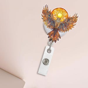 Bobine d'insigne Phoenix, support pour carte d'identité soleil levant, cadeau de bureau inspirant, clip rétractable pour insigne, insigne oiseau mythique pour infirmières