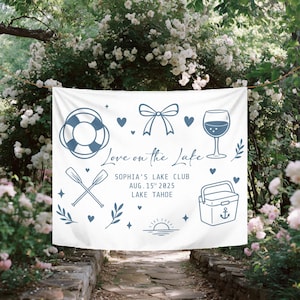 Personalized Wedding Banner with Custom Names, Date and Venue, Love on the Lake Themed Decoration, Elegant Outdoor Reception Backdrop