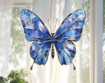 Blue Butterfly Acrylic Window Hanging,Nature Inspired Wall Decor, Summer Garden Gift For Her Mom Grandma, Handmade Butterfly Room Decoration