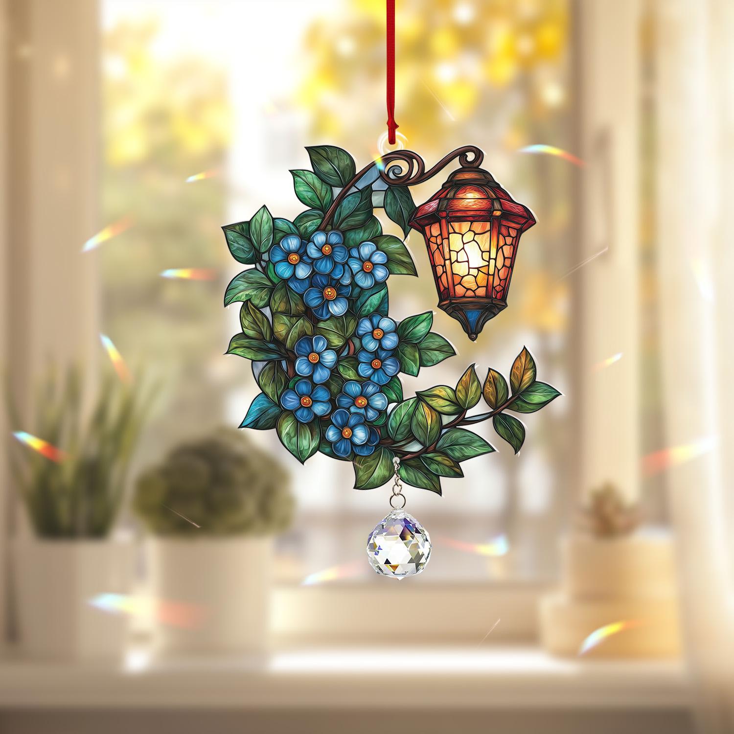 Lantern and Blue Flower Window Hanging with Crystal Drop, Vintage Street Light and Leafy Vine Decoration, Inspired Gift for Home or Garden