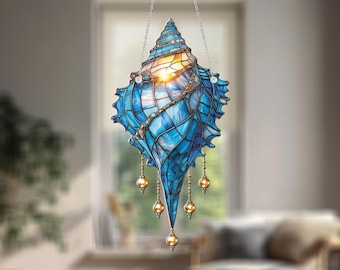 Blue Seashell Window Hanging with Elegant Dangling Beads, Ocean Nautical Decor for Beach Lovers, Summer Gift for Her, Coastal Home Accent