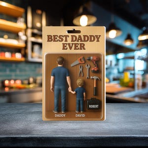 Set de figuras de acción personalizadas "El mejor papá de la historia": papá e hijo personalizados con expositor de herramientas, regalo único para el Día del Padre, homenaje a los juguetes de manitas.