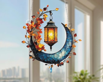 Autumn Moon Lantern Window Hanging, Elegant Crescent Moon Decor, Warm Lantern Ornament, Fall Home Decoration, Unique Gift for Autumn Lovers