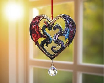 Heart Dragon Window Hanging with Crystal – Fantasy Couple Decor, Anniversary Gift for Him or Her, Romantic Window Art