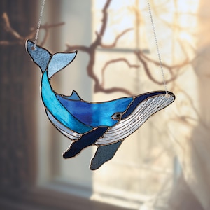 Blue Whale Window Hanging Decoration, Ocean Animal Design In Shades Of Blue For Nautical Themed Home, Beach House, And Sea Lovers