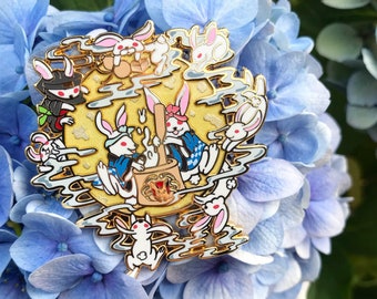 Otsukimi Rabbit Moon Enamel Pin • Kawaii Mochi Bunny Lunar Harvest Festival Japanese Traditional