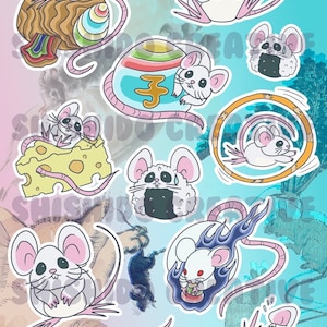 May include: A set of 10 colorful stickers featuring cute white mice with different expressions and holding various items like sushi, cheese, and a bowl of ramen. The stickers are on a blue and pink background with a website address at the bottom.